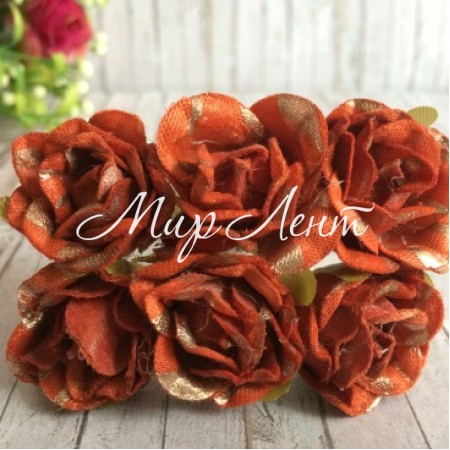 Троянда тканинна з блиском, 2,5 см, цегляна із золотом