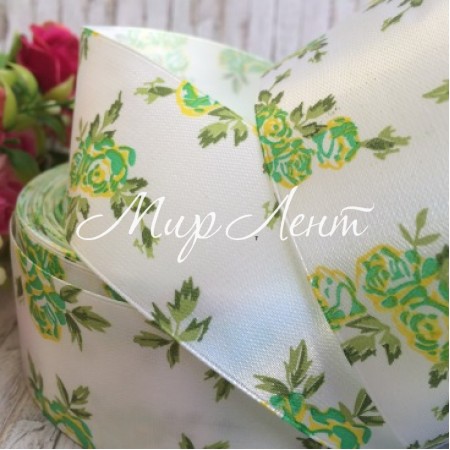 Атлас 4 см, розочка, бело-зеленая