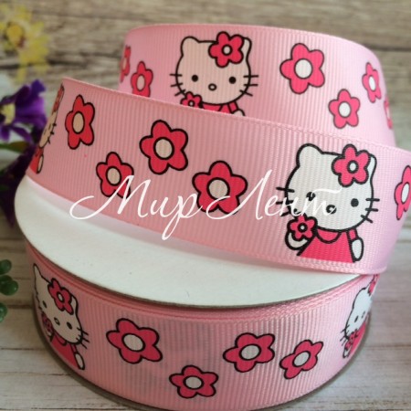 Репс 2,5 см, Кітті з квіточками, світло-рожевий