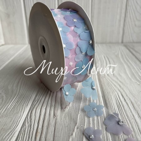 Стрічка з фатину з шифоновими квітами, 4 см, бірюзово-малиновий, метр
