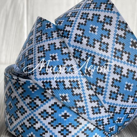 Репс 4 см, орнамент ромб New, бело-синий, метр