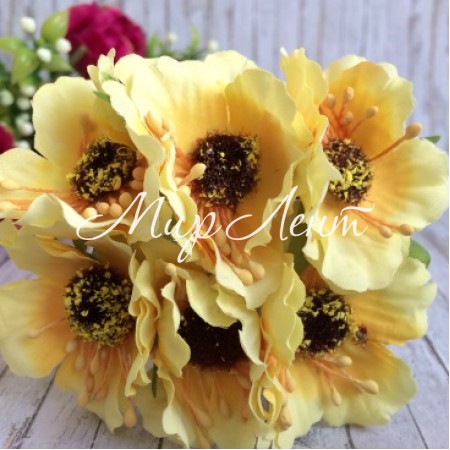 Мак, 4 см, жовтий, 6 квіточок у пучку, 1 пучок