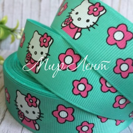 Репс 2,5 см, Кітті з квіточками, м'ятний