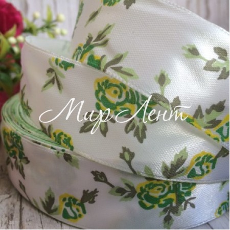 Атлас 2,5 см, розочка, бело-зеленая