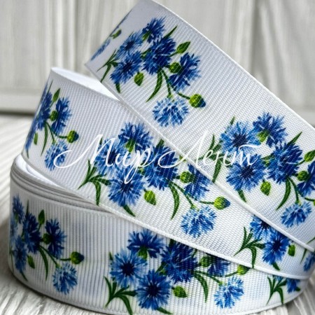 Репс 2,5 см, сині волошки, на білому фоні, метр