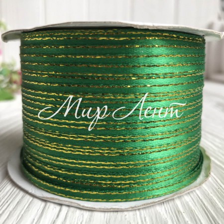 Атлас 0,3 см люрекс золото, зелений, рулон 225 м