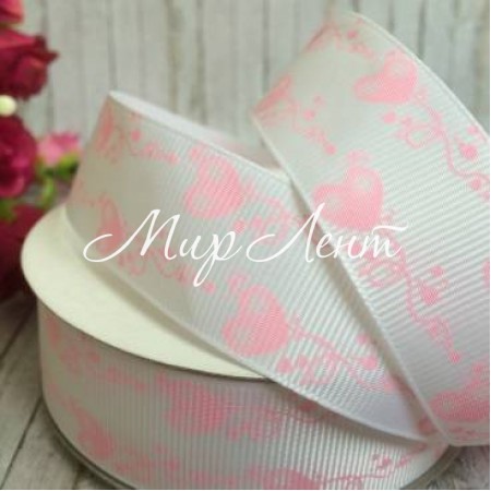 Репс 2,5 см, візерунок із серця, світло-рожевий