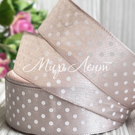 Атлас 2,5 см горох, бежево-сірий, метр