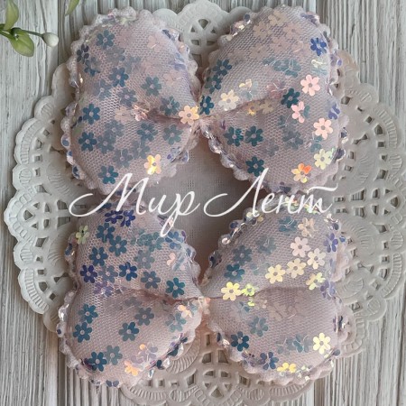 Аплікація бант з паєтками-квіточками (великий), 9,5х6,5 см, світло-рожевий, шт.