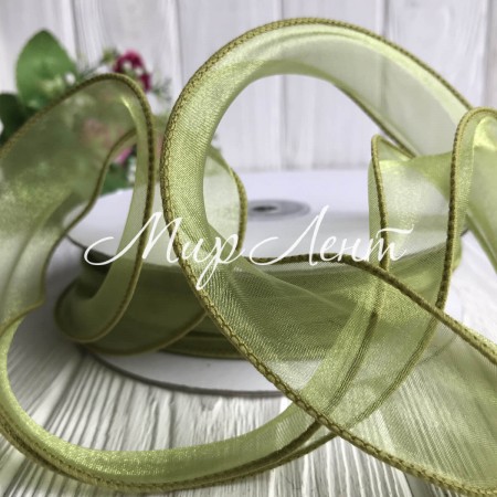 Органза з прошитим кантом, 3 см, оливкова, рулон 23 м