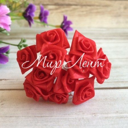 Атласная розочка на проволочке, 1,5 см, красная, пучек из 12 цветочков
