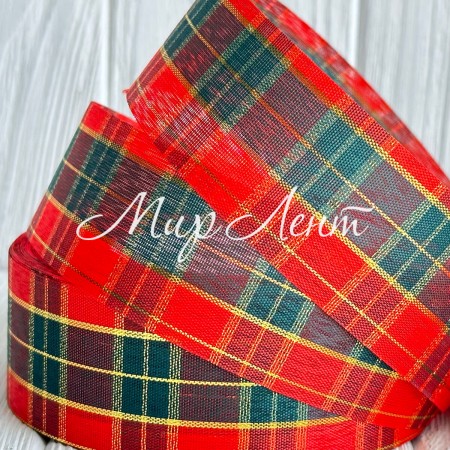 Стрічка шотландка, 4 см, червоно-темно-зелена (широка смужка), метр