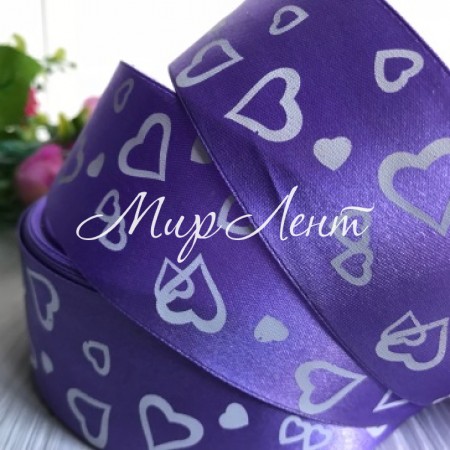 Атлас 4 см, серця маленькі, фіолетовий, метр