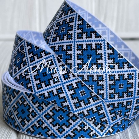 Репс 2,5 см, орнамент ромб, на синьому