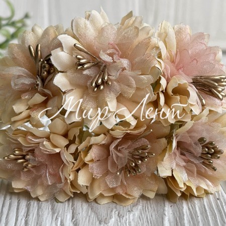 Хризантема тканинна з фатином, 4 см, молочно-персикова, пучок