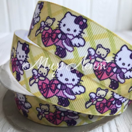 Репс 2,5 см, Hello Kitty діагональ, жовто-оливковий, метр