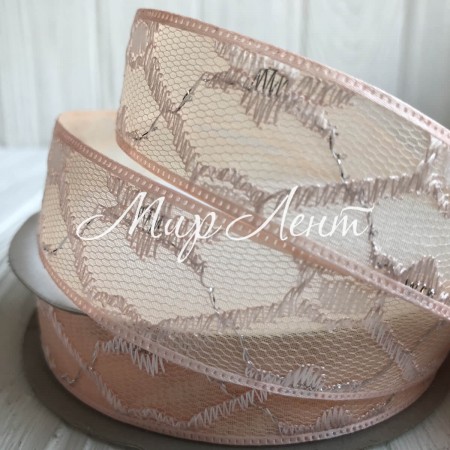 Органза с вышитым узором, 2,5 см, персиковый, метр