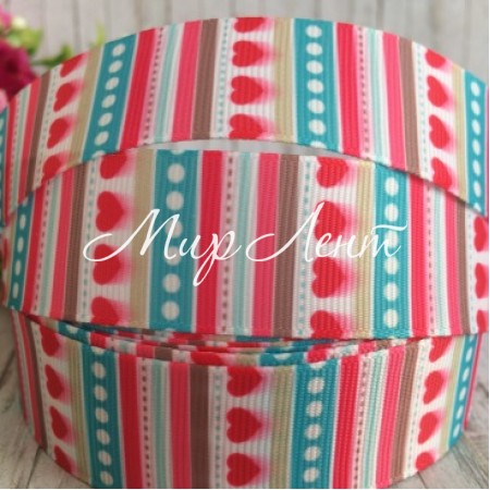 Репс 2,5 см, смуги та серця, морська хвиля-малиновий-кавовий, 1 м