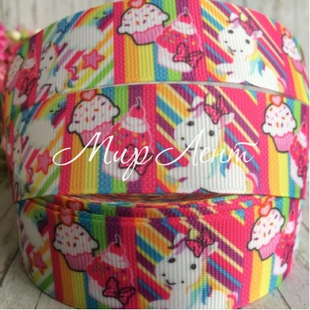 Репс 2,5 см, капкейки-єдиноріг, кольорові квадрати, 1 м