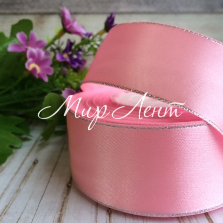 Атлас 4 см люрекс серебро, розовый