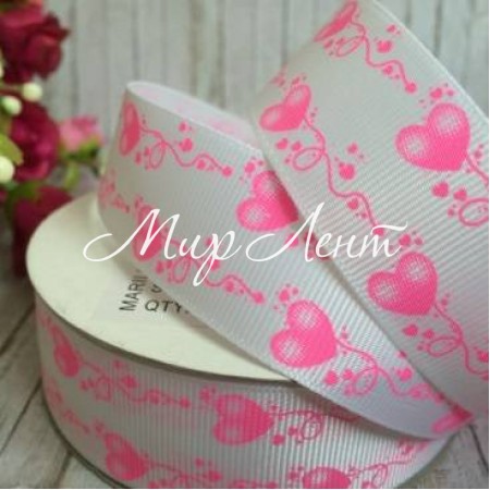 Репс 2,5 см, візерунок із серця, яскраво-рожевий