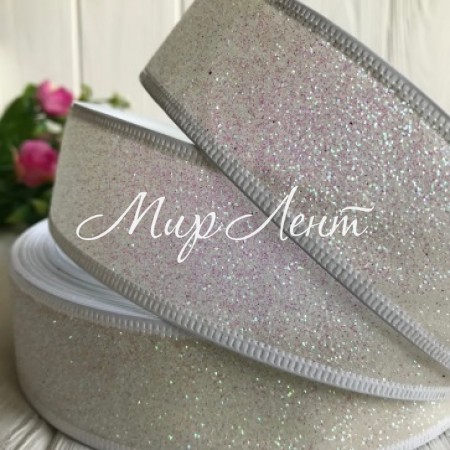 Стрічка новорічна з блискітками, 3,8 см, білий перламутр