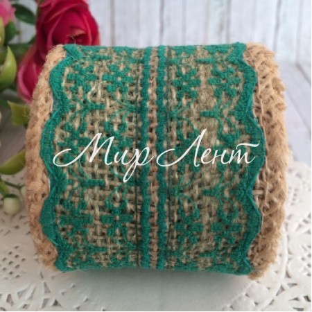 Стрічка-мішковина з мереживною квіточкою, 5 см, смарагдова, 2 ярди