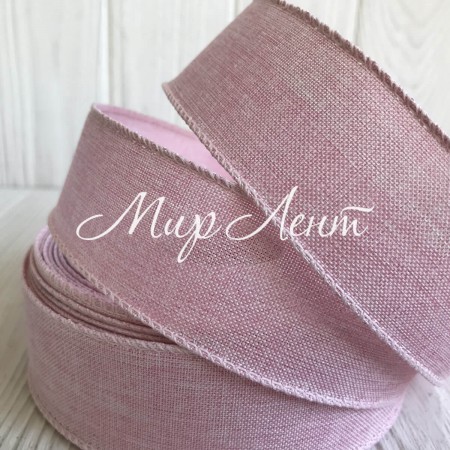 Котонова стрічка з дротяним кантом, 3,8 см, світло-рожева, метр