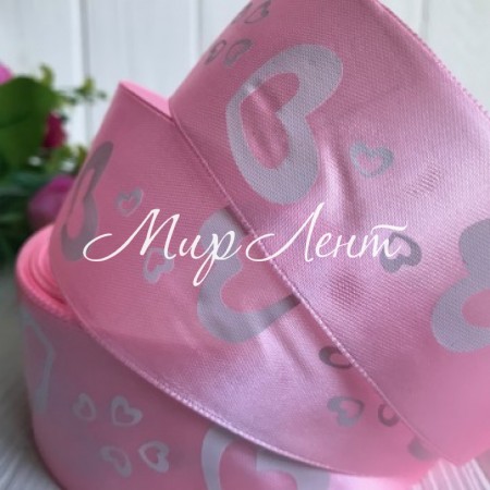 Атлас 4 см, серця великі, світло-рожевий, метр