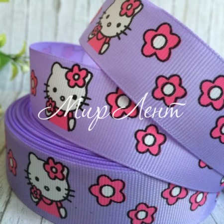 Репс 2,5 см, Китти с цветочками, лиловый