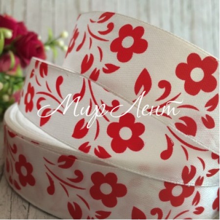 Атлас квітка-листик, 2,5 см, біло-червоний, метр