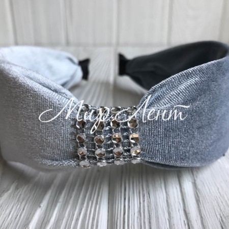 Обруч велюр із вставкою з каміння, 5 см, світло-сірий, шт.