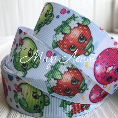 Репс 2,5 см, Шопкинс яблоко-клубничка, белый, метр