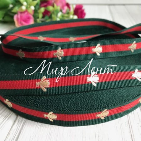 Стрічка Gucci з мухою, 1,5 см, темно-зелено-червона смуга