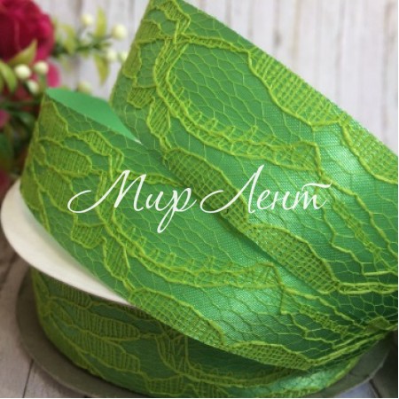 Атлас 2,5 см, кружево, ярко-зеленый