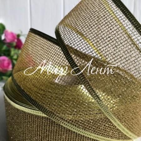 Стрічка новорічна сітка з блискітками, 3,8 см, золото