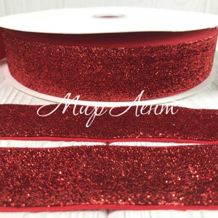 Стрічка велюр з люрексом, 4 см, червоний, метр
