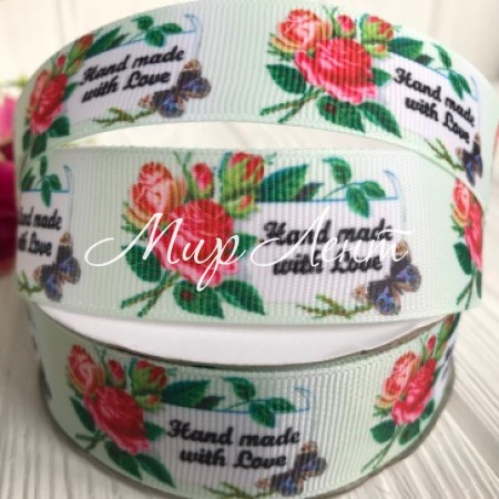 Репс 2,5 см, красные розы с надписью Hand made, нежно-салатовый