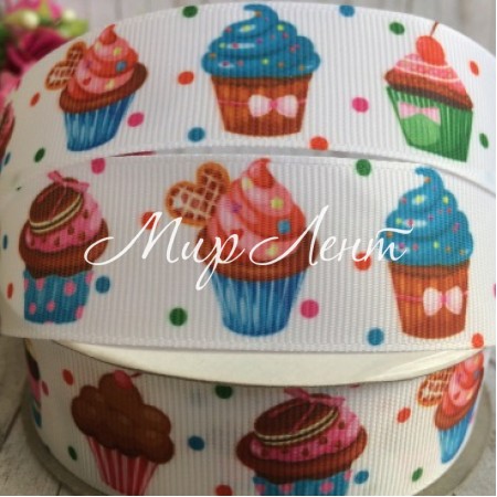 Репс 2,5 см, капкейки, білий з горохами, 1 м