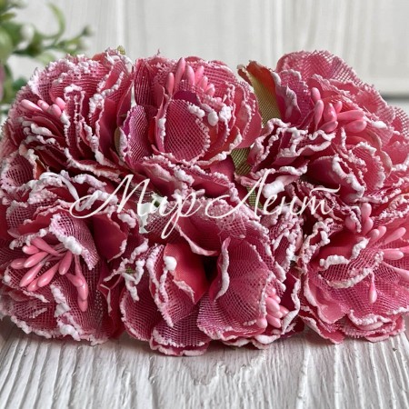 Хризантема тканинна з білим кантом, 4,5 см, кораловий, пучок