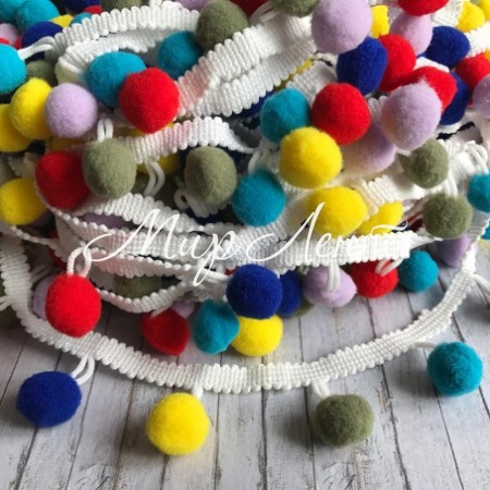 Тесьма с помпонами (big), 1,5 см, желтый-хаки-лиловый