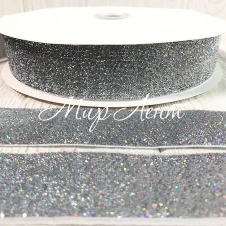 Стрічка велюр з люрексом, 4 см, срібло голограма, метр