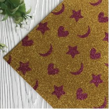 Фоаміран глітерний з малюнком, 2 мм, золото з малиновими зірка-місяць-серце, шт.