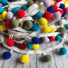 Тесьма з помпонами (big), 1,5 см, жовтий-хакі-ліловий