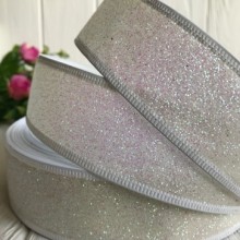 Стрічка новорічна з блискітками, 3,8 см, білий перламутр
