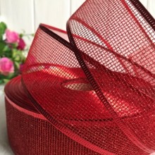 Стрічка новорічна сітка з блискітками, 3,8 см, червоний