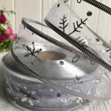 Стрічка-органза новорічна зі сніжинками, 3,8 см, срібло