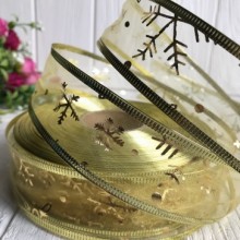 Стрічка-органза новорічна зі сніжинками, 3,8 см, золото