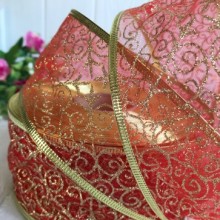 Стрічка новорічна, органза з візерунком, 6,3 см, червона