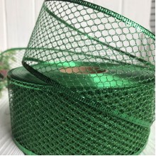 Стрічка новорічна сітка велика з блискітками, 6,3 см, зелений